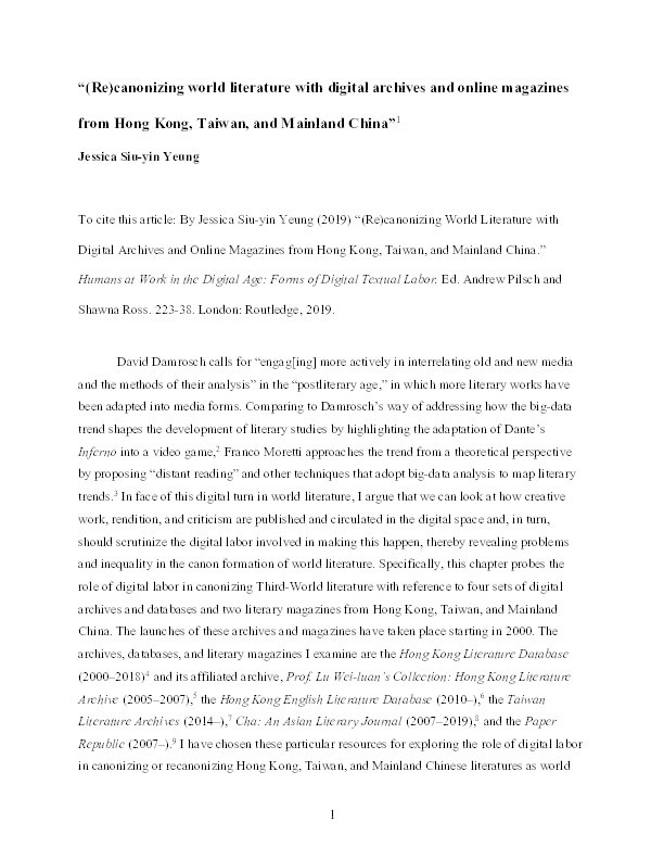 (Re)canonizing World Literature with Digital Archives and Online Magazines from Hong Kong, Taiwan, and Mainland China Thumbnail