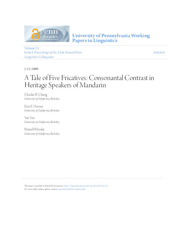 A tale of five fricatives: Consonantal contrast in heritage speakers of Mandarin Thumbnail