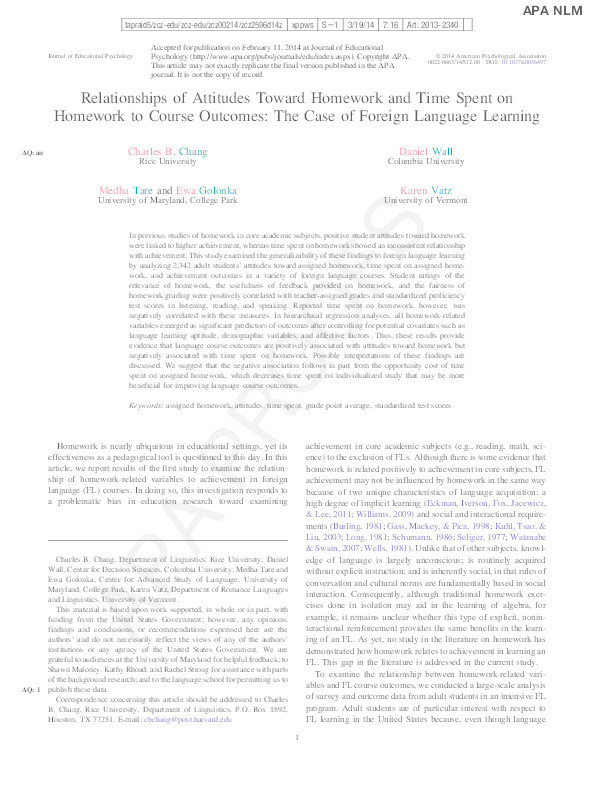 Relationships of attitudes toward homework and time spent on homework to course outcomes: The case of foreign language learning Thumbnail