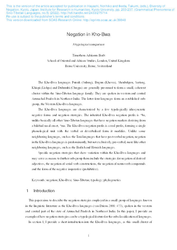 Negation in Kho-Bwa: A typological comparison. Thumbnail