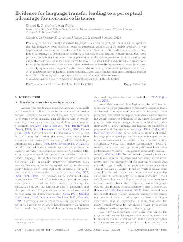 Evidence for language transfer leading to a perceptual advantage for non-native listeners Thumbnail