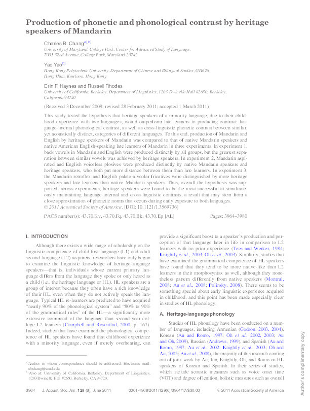 Production of phonetic and phonological contrast by heritage speakers of Mandarin Thumbnail