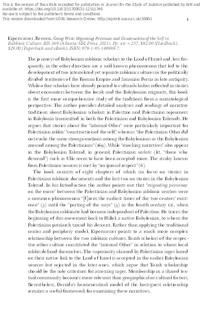 Review of: Reuven Kiperwasser, Going West: Migrating Personae and Construction of the Self in Rabbinic Culture (Providence, RI: Brown Judaic Studies, 2021) Thumbnail