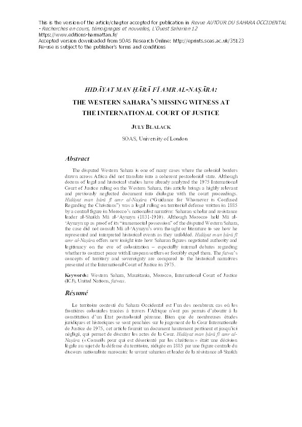 Hidāyat man ḥārā fī amr al-Naṣāra: The Western Sahara's Missing Witness at the International Court of Justice? Thumbnail