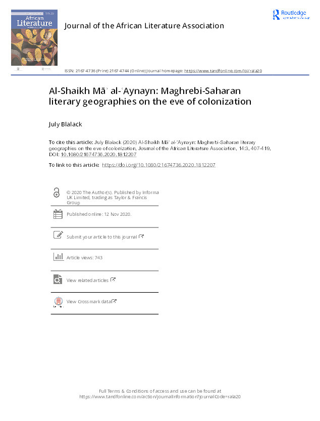 Al-Shaikh Māʾ al-ʿAynayn: Maghrebi-Saharan literary geographies on the eve of colonization Thumbnail