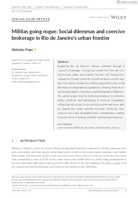 Militias going rogue: Social dilemmas and coercive brokerage in Rio de Janeiro's urban frontier Thumbnail