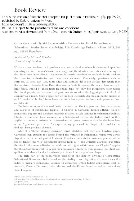 Review of Carlos Gervasoni (2018). Hybrid Regimes within Democracies: Fiscal Federalism and Subnational Rentier States, Cambridge, UK: Cambridge University Press. Thumbnail