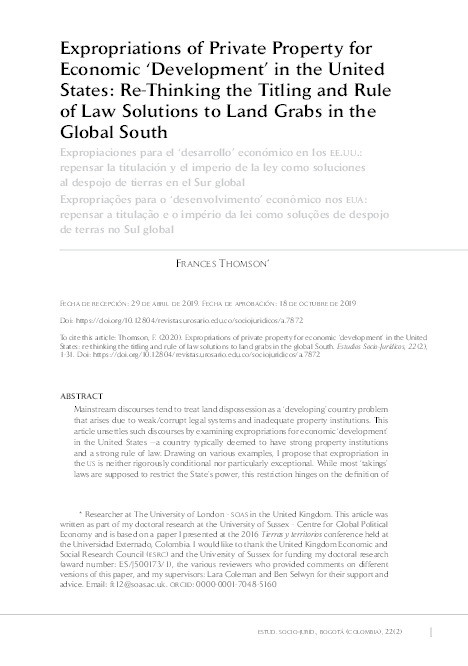 Expropriations of private property for economic 'development’ in the United States: re-thinking the titling and Rule of Law solutions to land grabs in the Global South Thumbnail