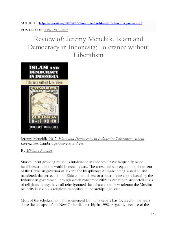 Review of Menchik, Jeremy. 2017.  Islam and Democracy in Indonesia: Tolerance without Liberalism. New York City: Cambridge University Press. Thumbnail