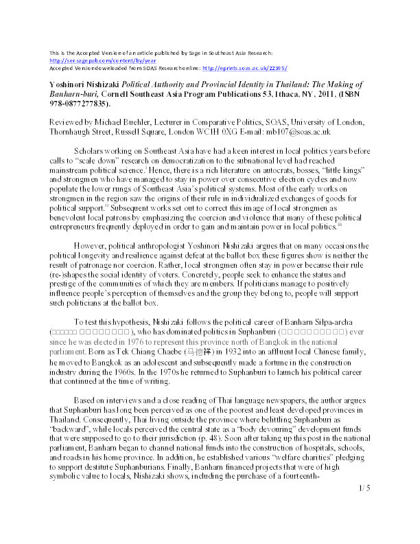 Review of Political Authority and Provincial Identity in Thailand by Nishizaki, Yoshinori. 2011. Ithaca: Cornell Southeast Asia Program Publications Thumbnail