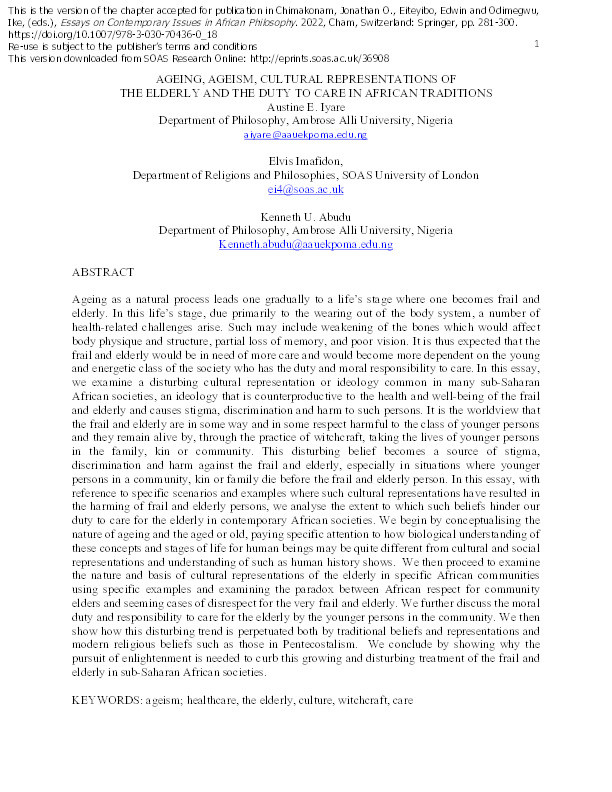 Ageing, Ageism, Cultural Representations of the Elderly and the Duty to Care in African Traditions Thumbnail