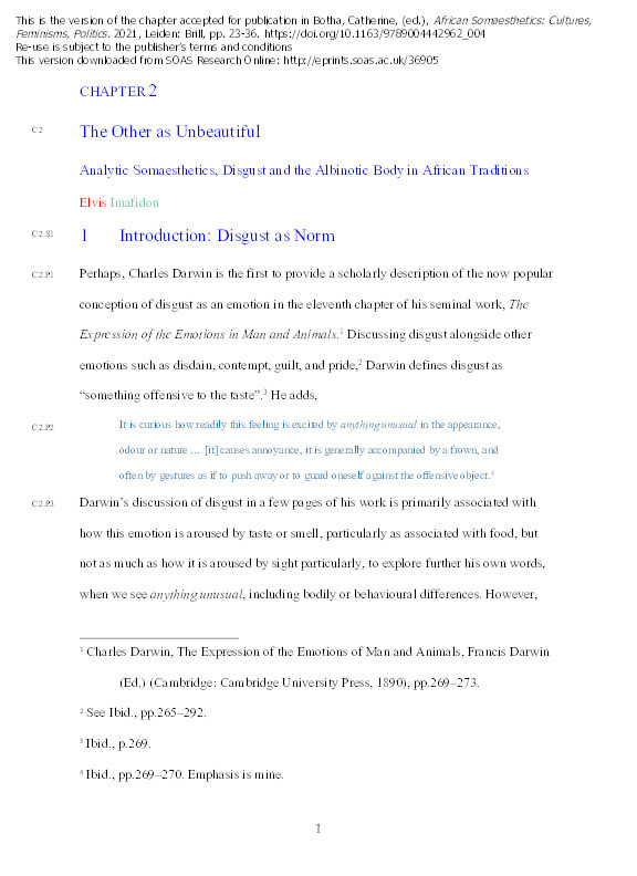 The Other as Unbeautiful: Analytic Somaesthetics, Disgust and the Albinotic Body in African Traditions Thumbnail