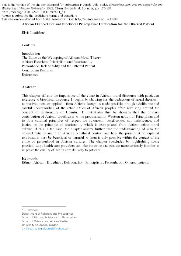 African Ethno-Ethics and Bioethical Principlism: Implication for the Othered Patient Thumbnail