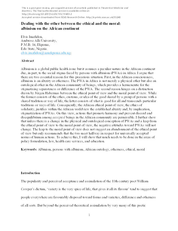 Dealing With the Other Between the Ethical and the Moral: Albinism on the African Continent Thumbnail
