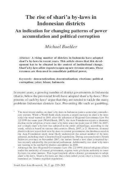 Shari’a By-Laws in Indonesian Districts: An Indication for Changing Patterns of Power Accumulation and Political Corruption. Thumbnail