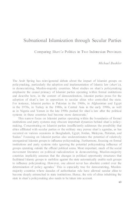 Subnational Islamization through Secular Parties: Comparing Shari’a Politics in Two Indonesian Provinces Thumbnail