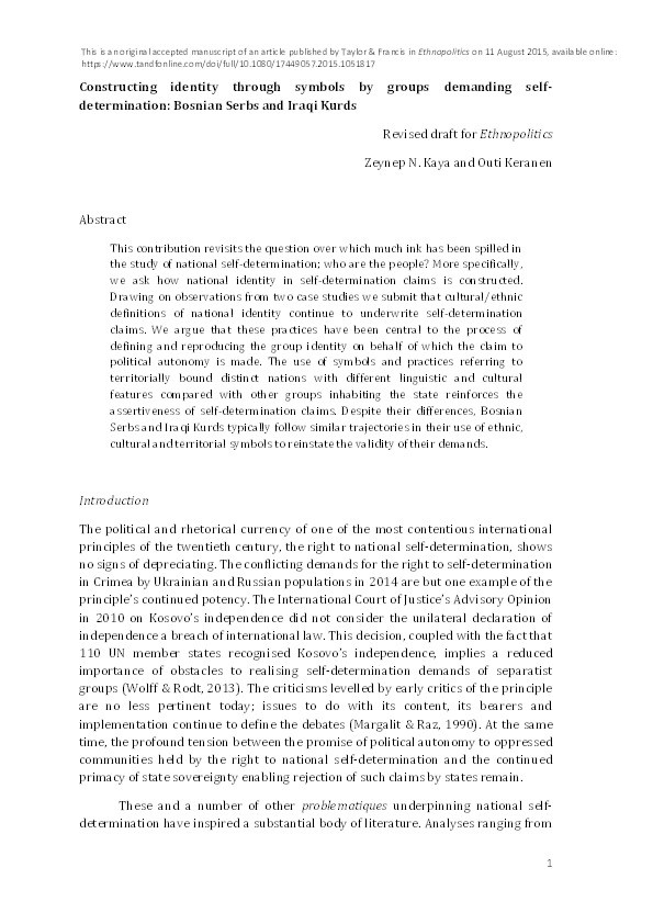 Constructing identity through symbols by groups demanding self-determination: Bosnian Serbs and Iraqi Kurds Thumbnail