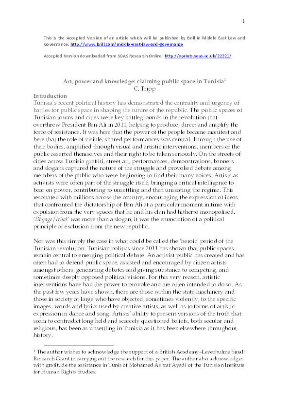 Art, Power and Knowledge: Claiming Public Space in Tunisia Thumbnail