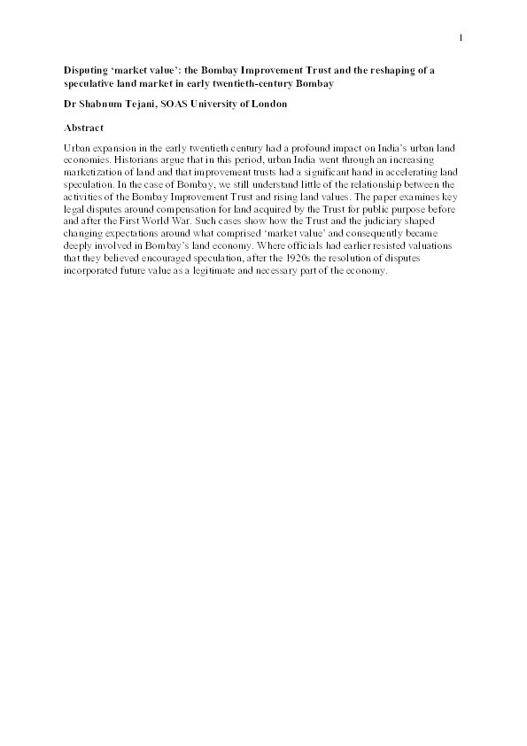 Disputing ‘market value’: the Bombay Improvement Trust and the reshaping of a speculative land market in early twentieth-century Bombay Thumbnail