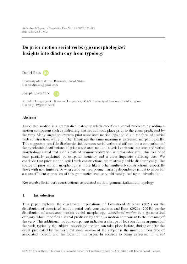 Do Prior Motion Serial Verbs (Go) Morphologize? Insights into Diachrony from Typology Thumbnail