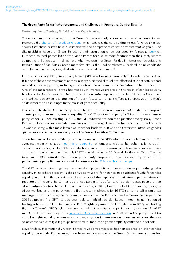 The Green Party Taiwan’s Achievements and Challenges in Promoting Gender Equality Thumbnail