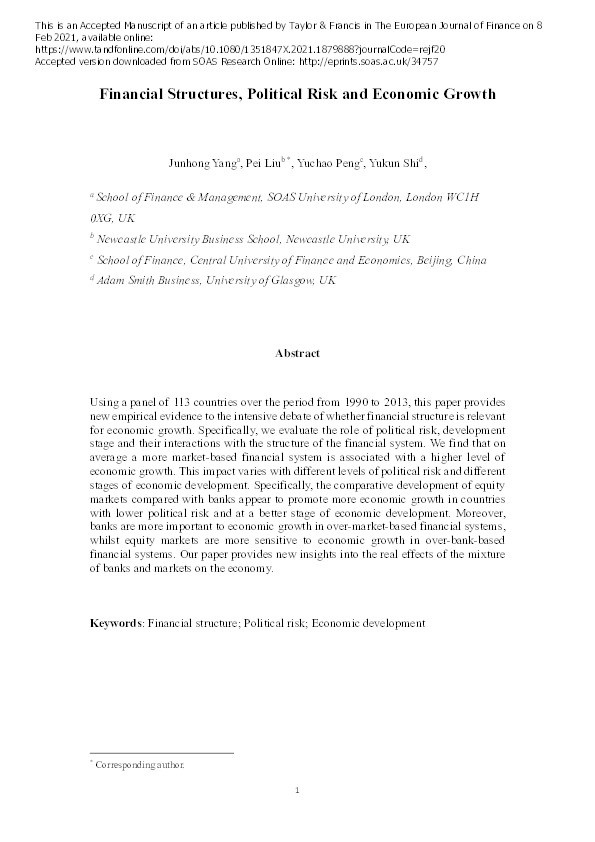 Financial structures, political risk and economic growth Thumbnail