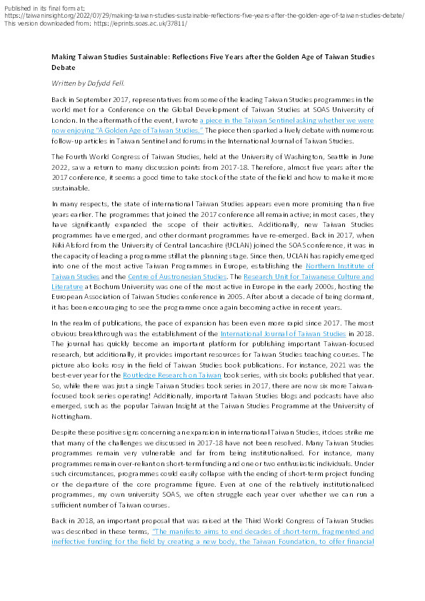 Making Taiwan Studies Sustainable: Reflections Five Years after the Golden Age of Taiwan Studies Debate Thumbnail