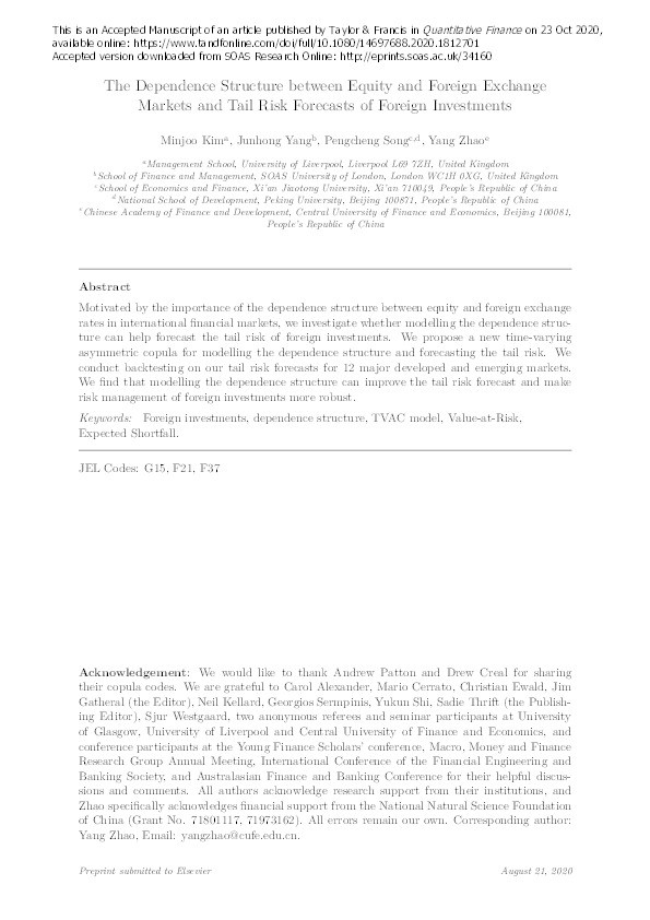 The Dependence Structure between Equity and Foreign Exchange Markets and Tail Risk Forecasts of Foreign Investments Thumbnail