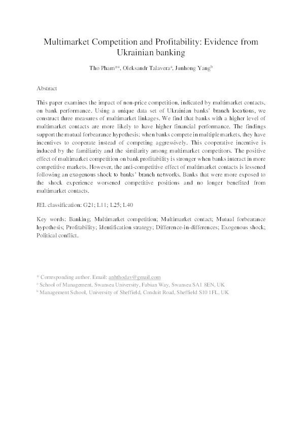Multimarket competition and profitability: evidence from Ukrainian banks Thumbnail