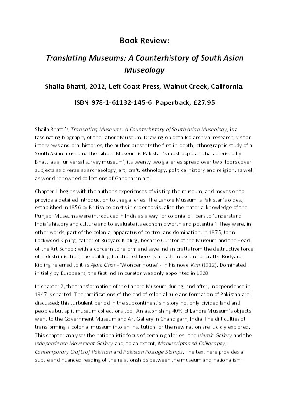 Review of 'Translating Museums: A Counterhistory of South Asian Museology' by Shaila Bhatti Thumbnail