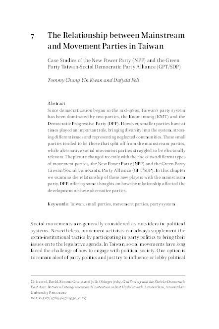 The Relationship between Mainstream and Movement Parties in Taiwan: Case Studies of the New Power Party (NPP) and the Green Party Taiwan-Social Democratic Party Alliance (GPT/SDP) Thumbnail