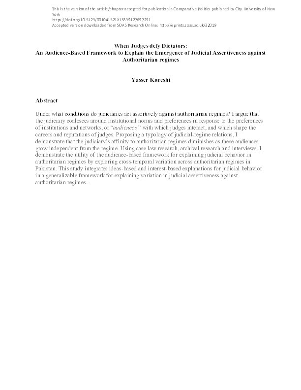 When Judges Defy Dictators: An Audience-Based Framework to Explain the Emergence of Judicial Assertiveness against Authoritarian Regimes Thumbnail