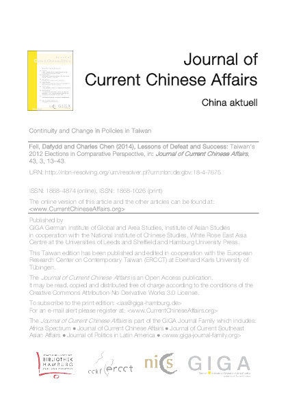 Lessons of Defeat and Success: Taiwan’s 2012 Elections in Comparative Perspective Thumbnail