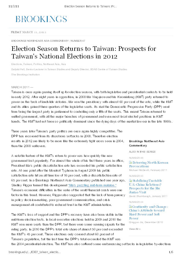Election Season Returns to Taiwan: Prospects for Taiwan's National Elections in 2012 Thumbnail