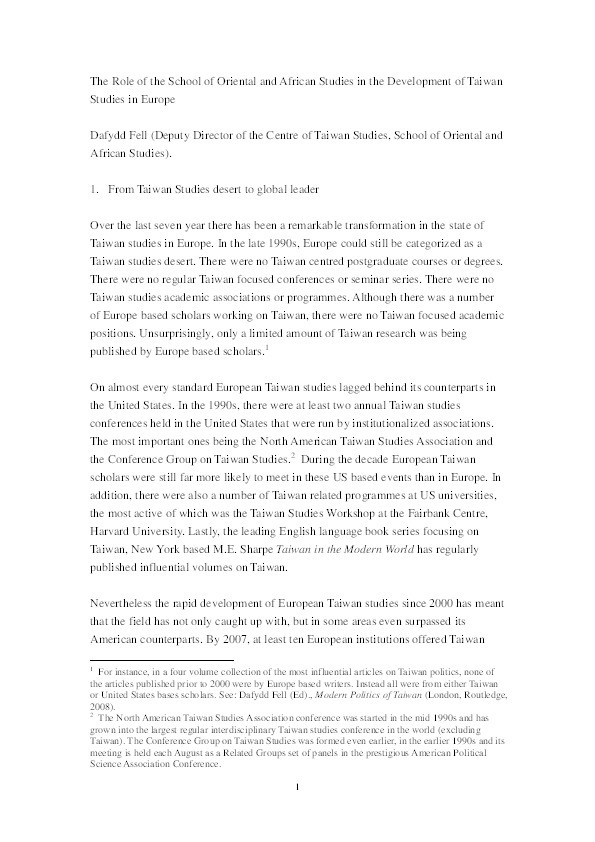 The Role of SOAS in the Development of European Taiwan Studies Thumbnail