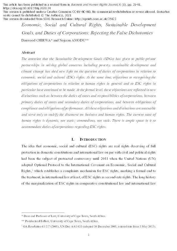 Economic, Social and Cultural Rights, Sustainable Development Goals, and Duties of Corporations: Rejecting the False Dichotomies Thumbnail