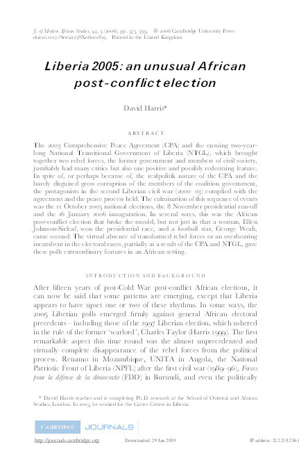 Liberia 2005: an Unusual African Post-Conflict Election Thumbnail