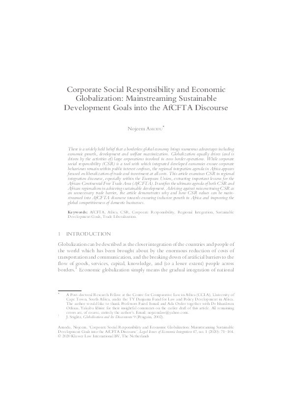 Corporate Social Responsibility and Economic Globalization: Mainstreaming Sustainable Development Goals into the AfCFTA Discourse Thumbnail