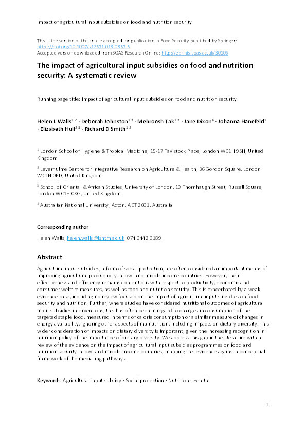 The impact of agricultural input subsidies on food and nutrition security: a systematic review Thumbnail