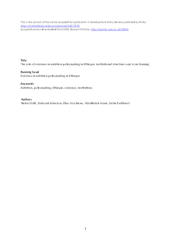 The role of evidence in nutrition policymaking in Ethiopia: institutional structures and issue framing Thumbnail