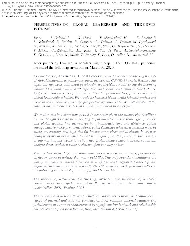 Perspectives on global leadership and the Covid-19 crisis Thumbnail