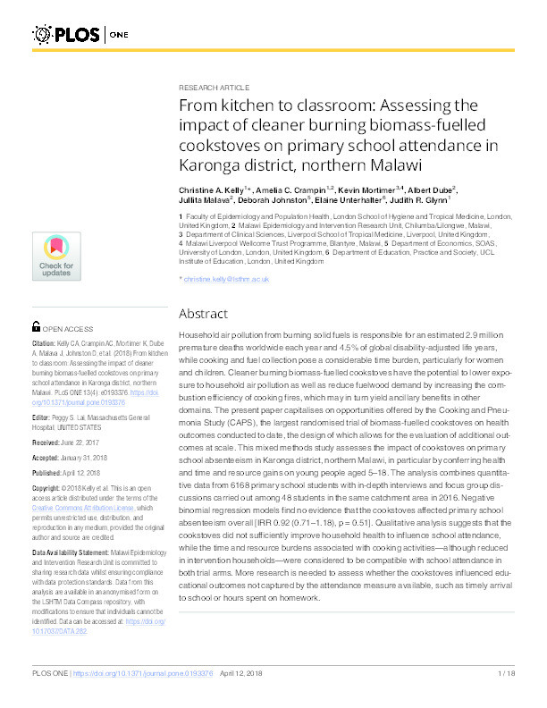 From kitchen to classroom: Assessing the impact of cleaner burning biomass-fuelled cookstoves on primary school attendance in Karonga district, northern Malawi Thumbnail