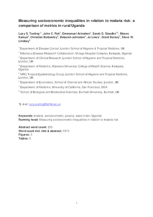 Measuring socioeconomic inequalities in relation to malaria risk: a comparison of metrics in rural Uganda Thumbnail