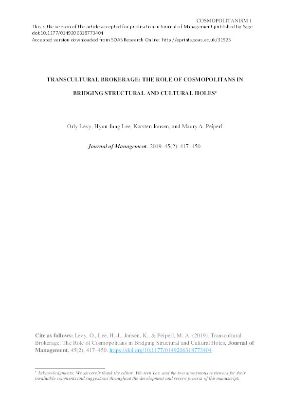 Transcultural Brokerage: The Role of Cosmopolitans in Bridging Structural and Cultural Holes Thumbnail