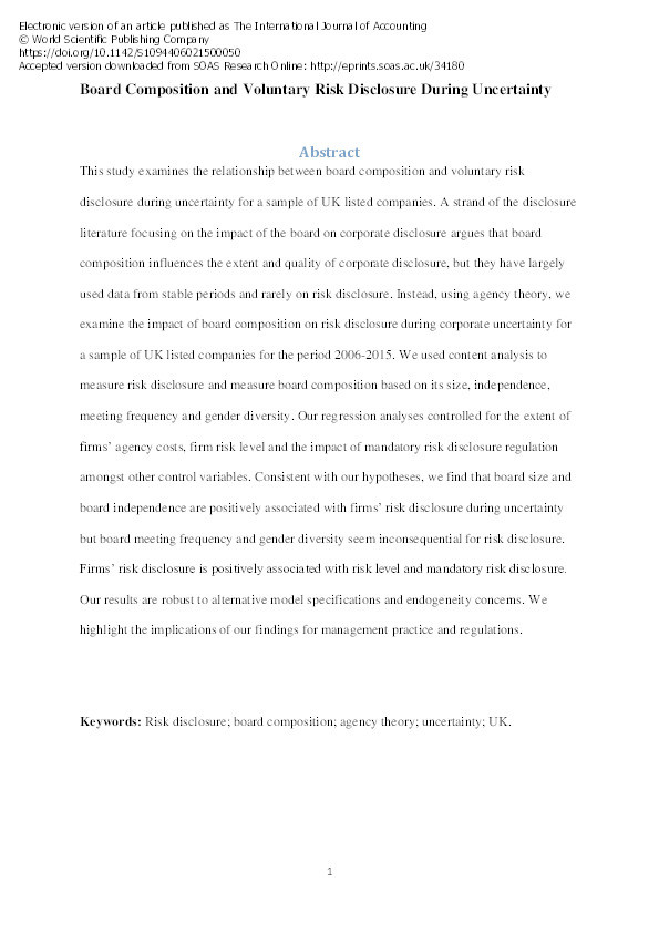 Board Composition and Voluntary Risk Disclosure During Uncertainty Thumbnail