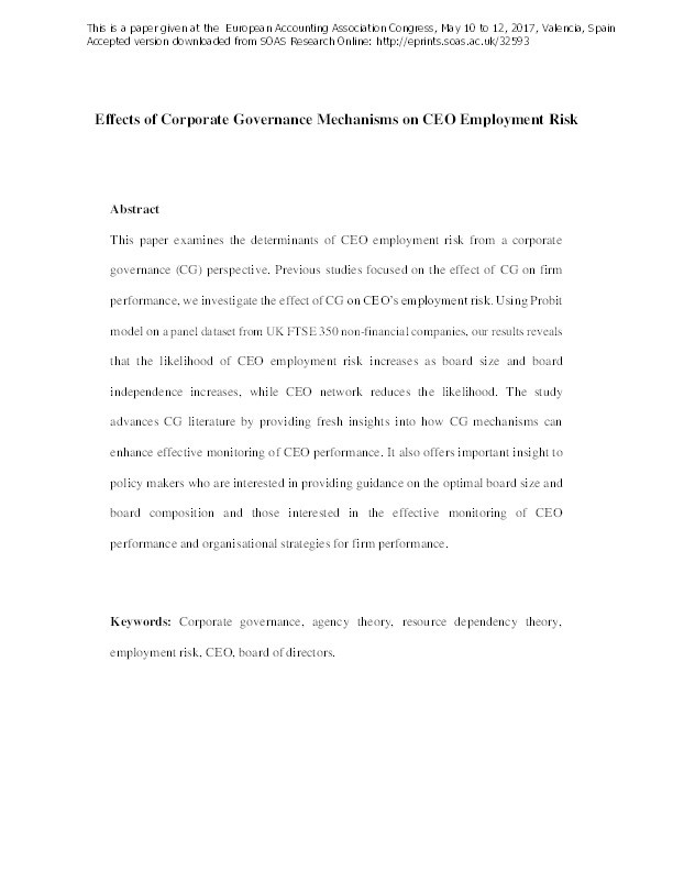 Effects of Corporate Governance Mechanisms on CEO Employment Risk Thumbnail