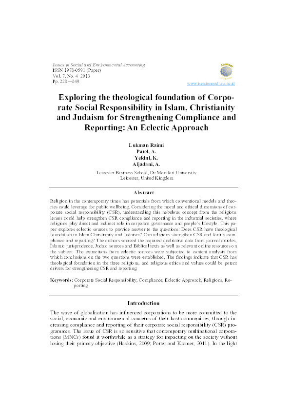 Exploring the theological foundation of Corporate Social Responsibility in Islam, Christianity and Judaism for Strengthening Compliance and Reporting: An Eclectic Approach Thumbnail