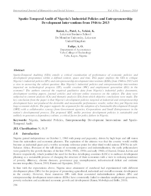 Spatio-Temporal Audit of Nigeria's Industrial Policies and Entrepreneurship Development Interventions from 1946 to 2013 Thumbnail