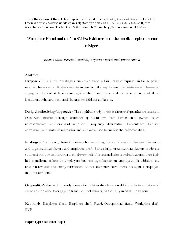 Workplace fraud and theft in SMEs: Evidence from the mobile telephone sector in Nigeria Thumbnail