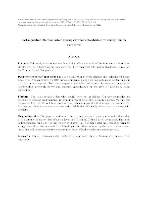 Post-regulation effect on factors driving environmental disclosures among Chinese listed firms Thumbnail